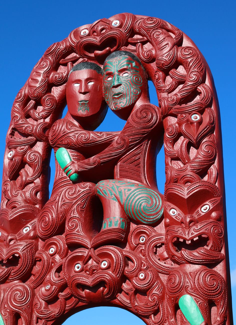 Traditional Maori cultural carving details in Rotorua